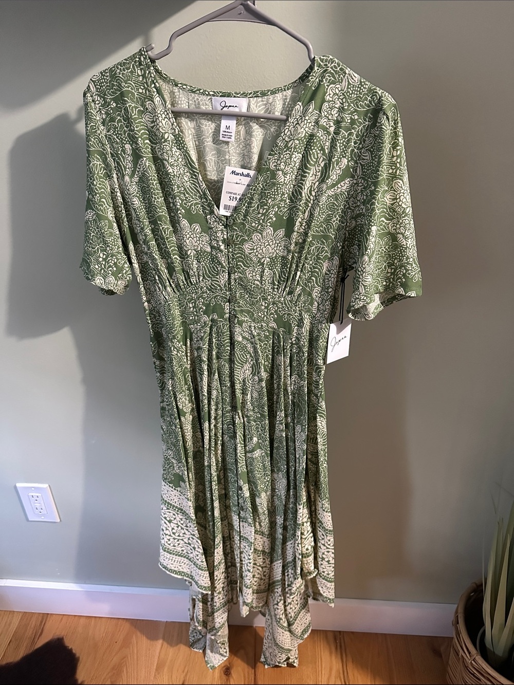 Lightweight Green Paisley V-Neck Midi Dress by Joan Vass